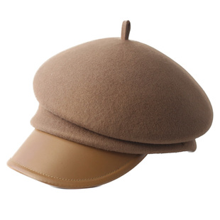 日系增高帽顶复古羊毛呢画家帽女秋冬挺括贝雷帽报童帽皮沿马术帽