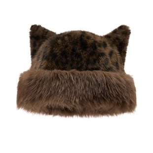 畹町豹纹带耳朵毛绒帽子女秋冬季保暖盆帽时尚复古加厚防寒蒙古帽