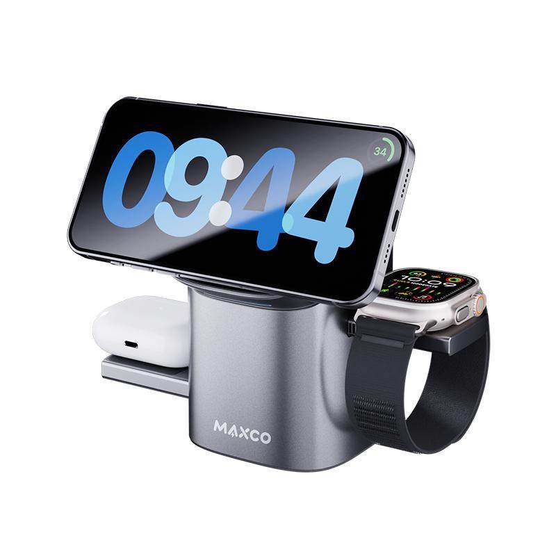 美能格三合一磁吸桌面无线充电器Qi2快充magsafe适用苹果iphone16手表iwatch耳机手机17多功能充电坞底