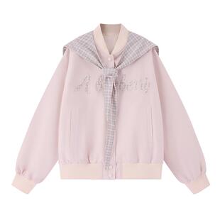 ablueberry粉色短外套女早秋字母刺绣棒球服韩系甜美休闲夹克上衣