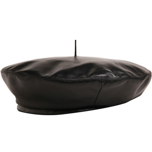 CHIC小羊皮贝雷帽女秋冬法式日系百搭真皮帽时尚潮经典黑色画家帽