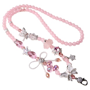 佛牌链子九尾吊坠天然粉晶双尖闪灵水晶链6mm长60狐狸毛衣链女