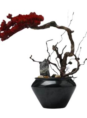 新中式现代崖柏盆景绿植茶具套装