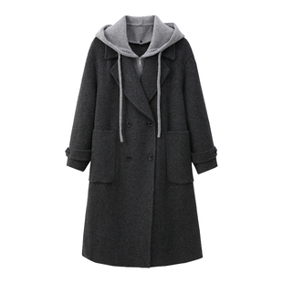 高端100%绵羊毛灰色连帽双面羊毛大衣女中长款2025年冬新款小个子