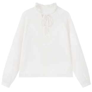 慕兔新中式重工刺绣系带衬衫女秋2025新款设计感小众宽松长袖上衣