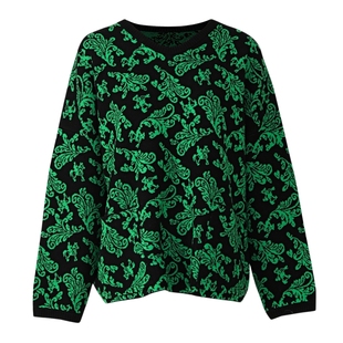 阁兰秀2025秋冬新款黑绿色V领含羊毛提花针织衫直筒宽松套头毛衣