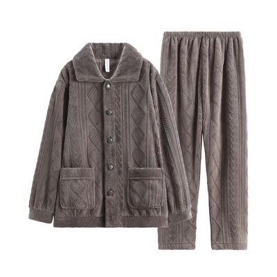 芬腾秋冬珊瑚绒睡衣男加绒加厚翻领格子外穿家居服套装2025年新款