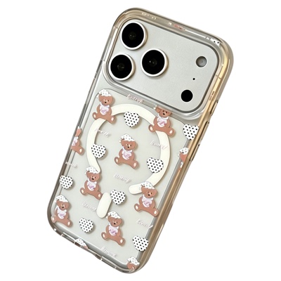 Cute cartoon heart bear Magnetic clear case适用iphone 11 12 13 14 15 16 plus 17 pro max