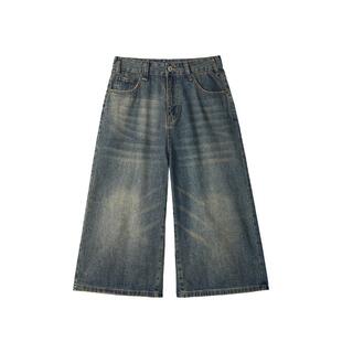 牛仔7七分中裤男夏季薄款宽松短裤休闲运动潮牌阔腿马裤8八分裤子