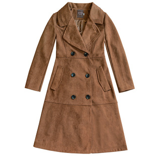 秋冬韩版麂皮绒外套中长款双排扣风衣罗子君同款魅力系带大衣外套