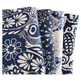 2.4米宽幅棉麻蓝印花布料中国风桌布窗帘沙发布料老粗布床单面料