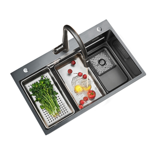 悍高厨房黑钛纳米阶梯式手工水槽304不锈钢洗碗池台上台下洗菜盆