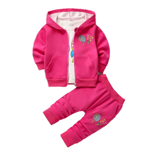 新款春秋季长袖棒棒糖印花童装女宝宝女孩上衣T恤拉链衫三件套