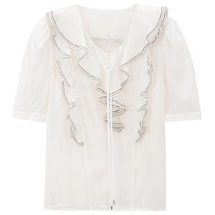 MB MindBridge荷叶边短袖女士衬衫夏季系带娃娃衫通勤优雅上衣