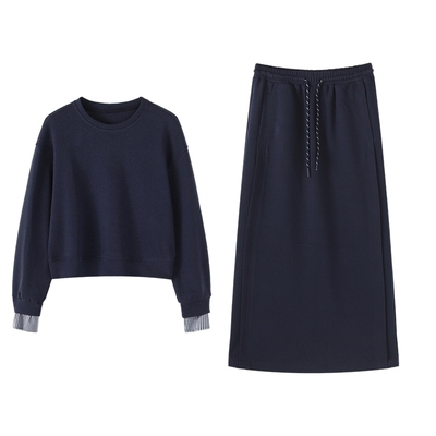 Basic House/百家好套装女秋季新款假两件拼接卫衣半身长裙两件套