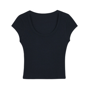 pusumede独特掐腰大U领针织短袖t恤女基础款简约修身气质短款上衣