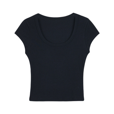 pusumede独特掐腰大U领针织短袖t恤女基础款简约修身气质短款上衣