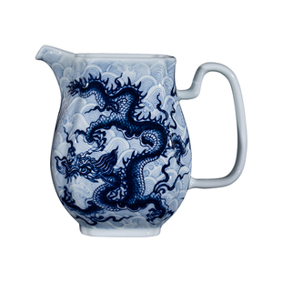 钟家窑陶瓷公道杯 景德镇柴窑青花手绘暗海水龙纹四方分茶器茶海