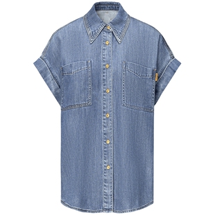 FF仿佛衬衫2025年夏季新款牛仔男友风复古通勤翻领简约短袖上衣