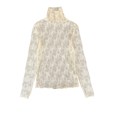 秋冬高领蕾丝打底衫透视薄纱高级感堆堆领叠穿内搭木耳边网纱上衣