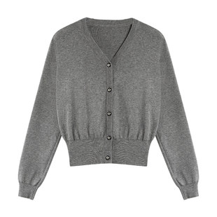 pusumede 舒适小调 黑色v领针织开衫女复古气质短款修身长袖上衣