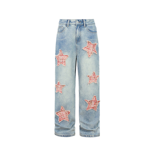 KZDALL原创设计五角星贴布绣微喇牛仔裤美式街头宽松休闲男女长裤