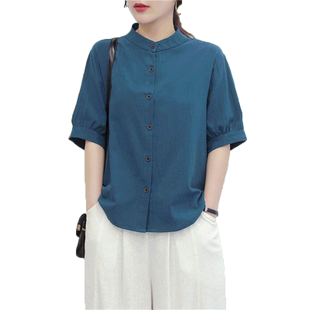 2022夏季棉麻衬衫女装灯笼袖复古文艺上衣宽松显瘦中袖大码衬衣女