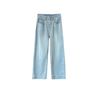 神级裤型~！设计感花边牛仔裤女夏薄款浅蓝色九分宽松阔腿奶奶裤