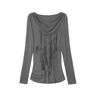 DoublePunch秋冬原创荡领多层流苏羽毛印花流浪风打底T恤长袖上衣