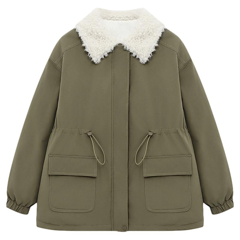 Basic House/百家好绿色翻领超好看羽绒服女冬季白鸭绒保暖外套