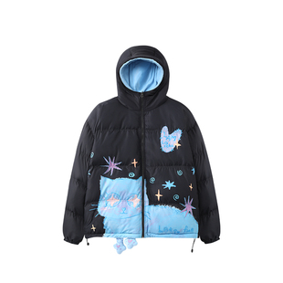 LAMLICKA立体小猫印花羽绒女保暖防寒面包服白鸭绒外套连帽双面穿