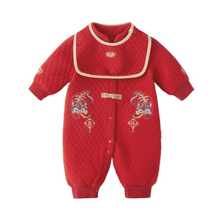 [秋冬新品]婴儿连体衣周岁男宝礼服秋红色哈衣中国风礼盒儿童爬服