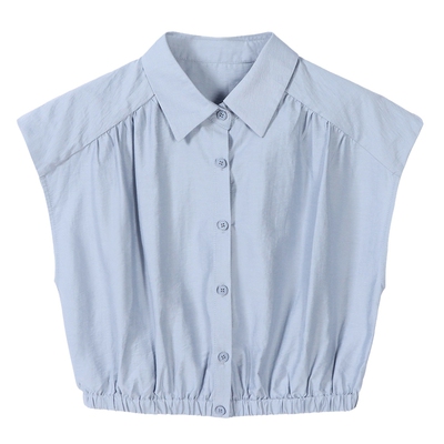 Basic House/百家好下摆松紧衬衫短款夏季小个子翻领上衣短袖薄款