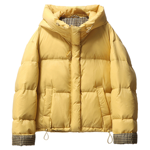 2025冬季新款短款羽绒服女连帽厚款格子卷袖小个子拼接亮色面包服