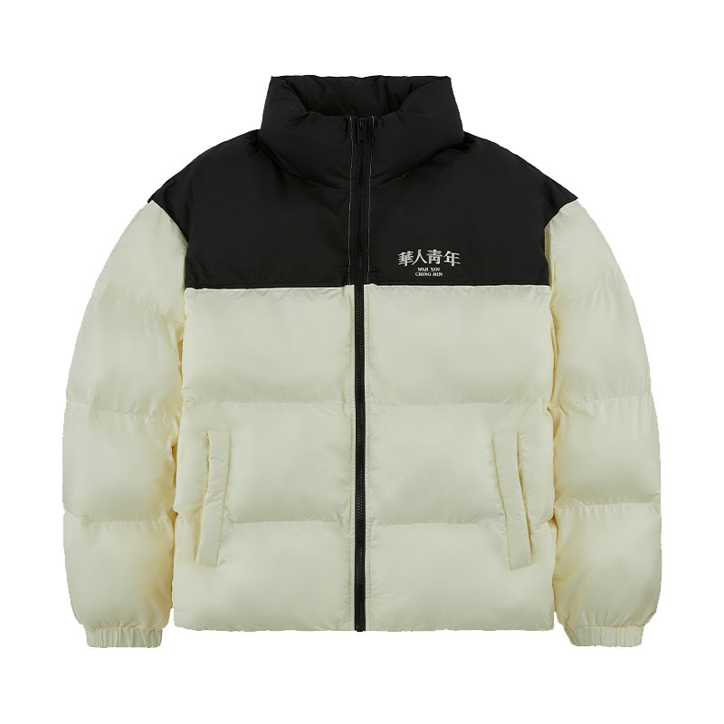 华人青年基础logo拼接棉服外套潮牌情侣休闲保暖立领棉衣面包服