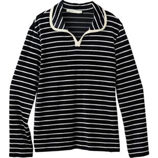 素然WHM 秋季女士休闲光泽丝绒针织布黑色条纹撞色上衣