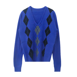 LONSLAN 2025秋季新款 秋冬复古英伦风U领菱格针织长袖T