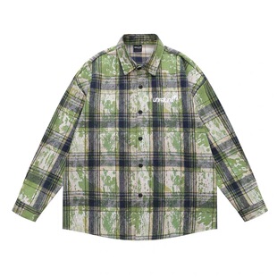 vintage绿色扎染格子衬衫男款美式复古情侣长袖衬衣外套叠穿上衣