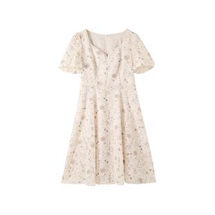 芝禾/CHESONSE【花间集】重工水滴领刺绣花朵连衣裙中长裙352030
