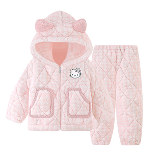 HelloKitty冬季女童睡衣三层夹棉加厚款儿童女孩珊瑚绒连帽家居服