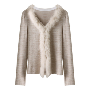 HAMYIHO 狐狸毛毛边上衣毛领针织开衫女2025新款V领修身冬季外搭