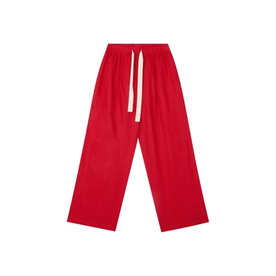 天丝亚麻抽绳红色休闲裤