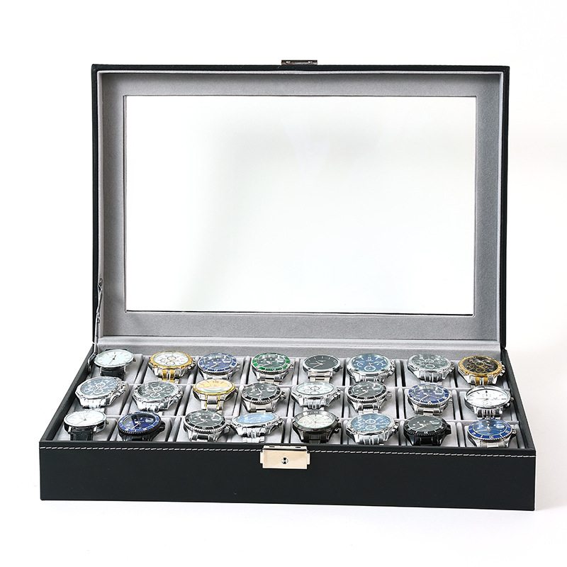 现货定制24位长毛绒表陈列柜台表盒直播皮收纳盒PU盘手表展示展示