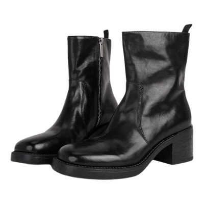 MantenerGran高跟粗跟靴子女黑色真皮加绒短靴英伦风马丁靴MG女鞋