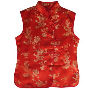 春秋马甲女复古中式马夹改良绸缎红色唐装背心新年喜庆旗袍上衣