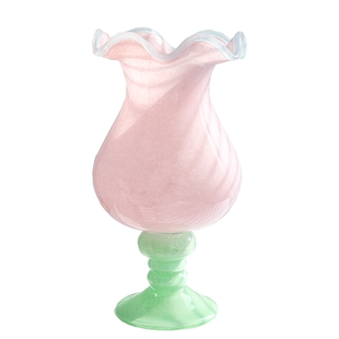 法式中古荷叶花边风灯琉璃花瓶清新粉色蓝色高脚艺术拼色玻璃花瓶