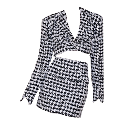 【折】For Love and Lemons 秋冬复古摩登千鸟格小香风辣妹套装