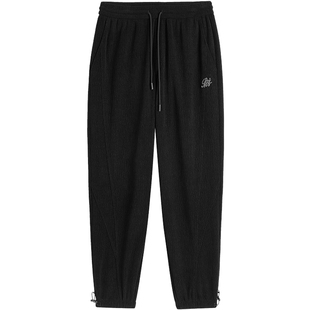 太平鸟男装休闲裤冬季质感束脚锥形裤绒感肌理刺绣保暖长裤黑