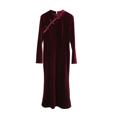 新中式收腰丝绒连衣裙