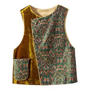 【汉宫春】真丝丝绒+蜀锦 新中式国风缎面提花撞色拼接马甲上衣女